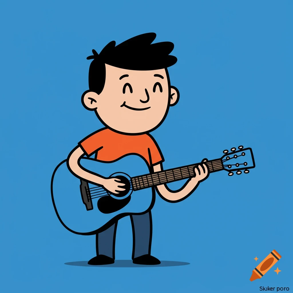 A simple cartoon illustration of a man playing a blue guitar.