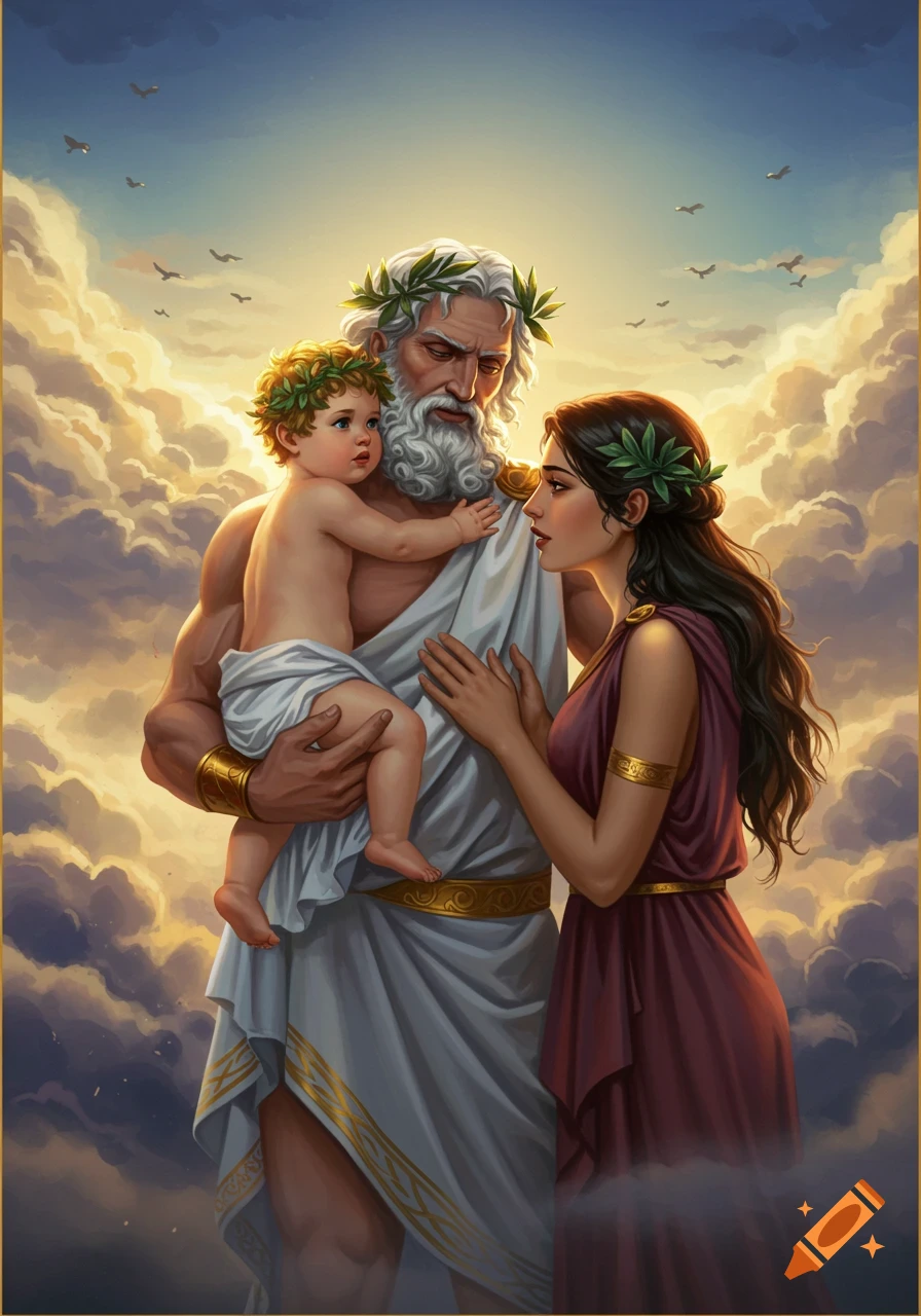 Illustration of Zeus holding baby Dionysus with his human mother Semele among clouds.