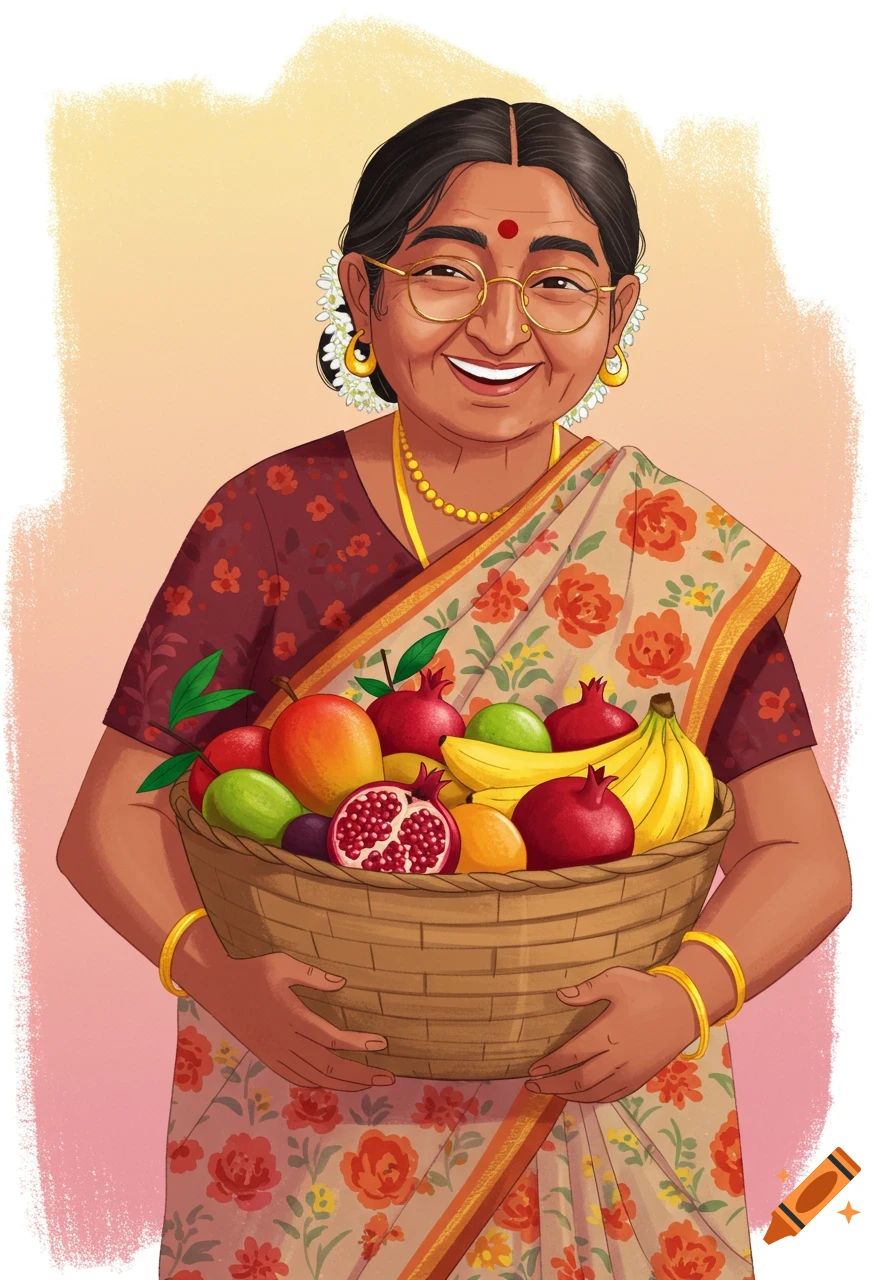 A smiling Indian woman in a sari holds a large basket overflowing with various fruits.