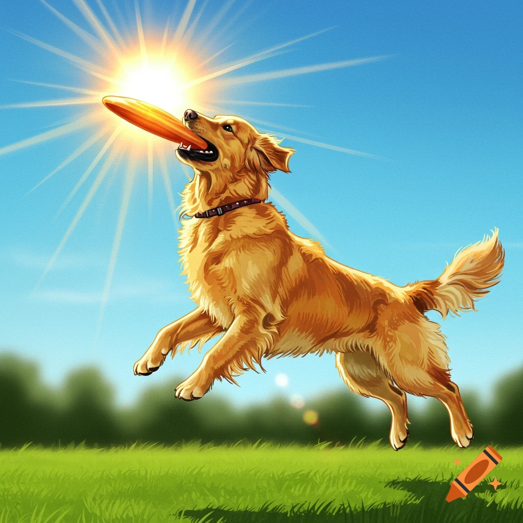 A golden retriever dog leaping to catch an orange frisbee against a sunny blue sky in a grassy field.