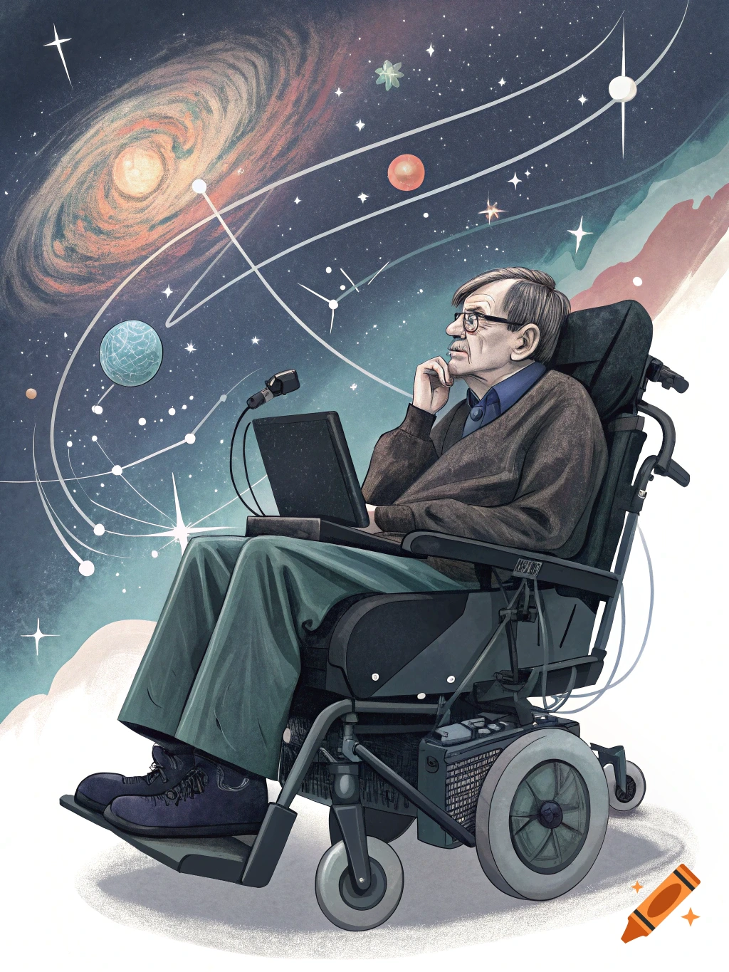 Illustration of a person resembling Stephen Hawking in a wheelchair looking at a galaxy and stars.