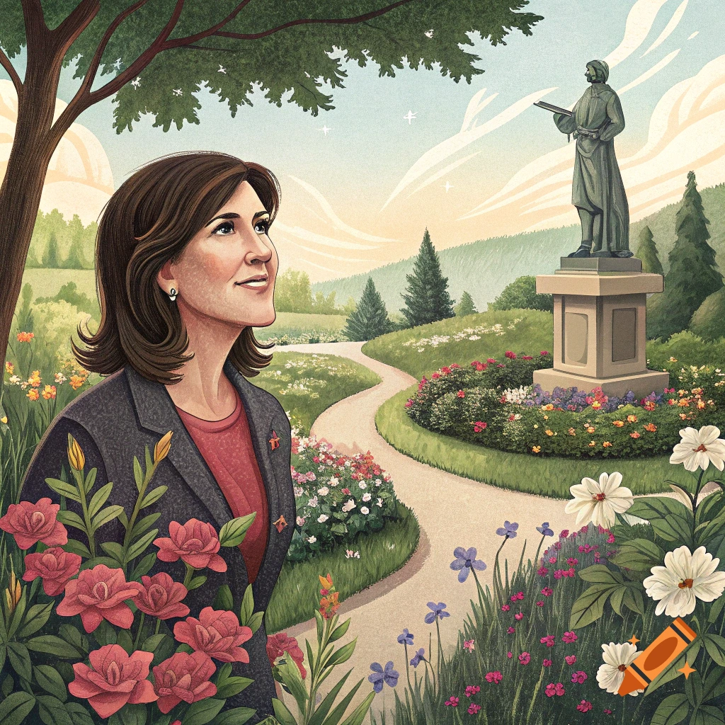 Illustrative portrait of a woman in a garden with flowers and a statue.