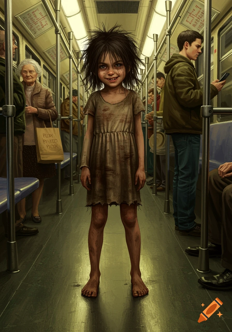 A dirty, barefoot girl stands on a subway car among other passengers, depicted in a hyperrealistic style.