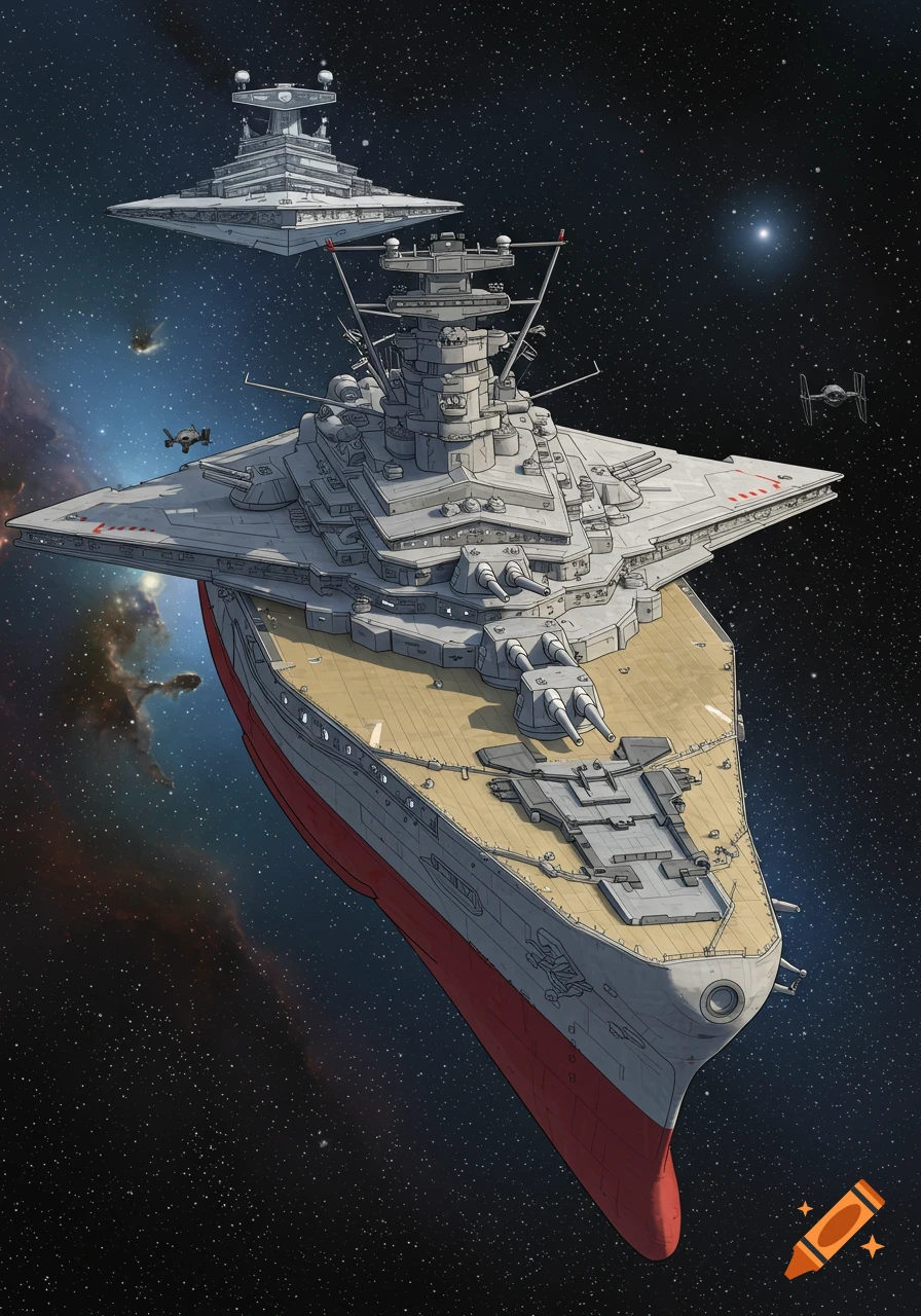 Large hybrid spaceship with smaller craft in space