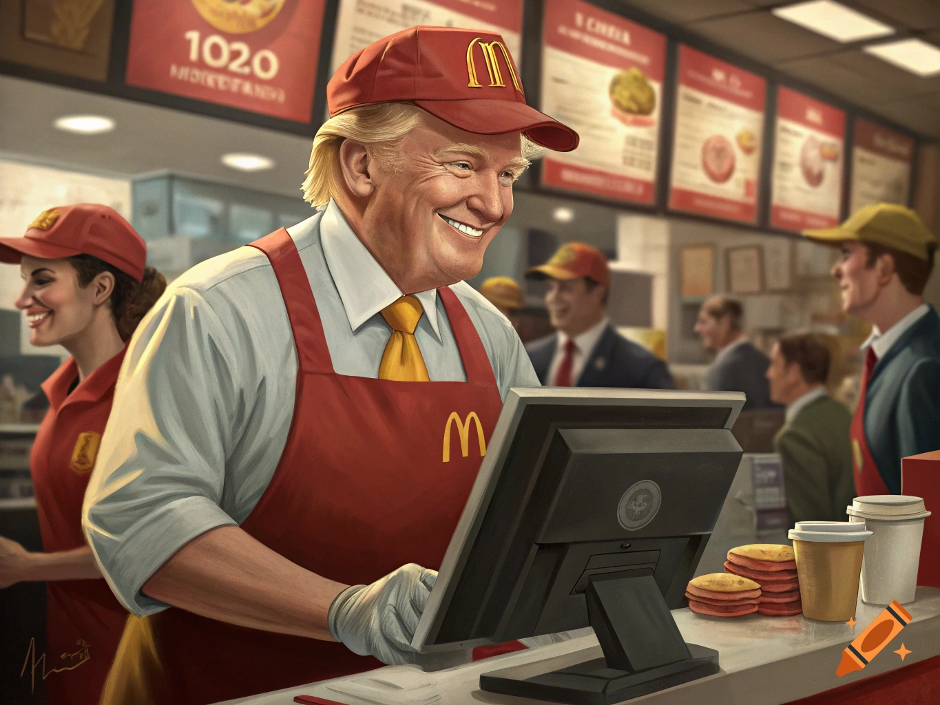 Illustration of Donald Trump working behind a McDonald's counter, smiling in uniform.