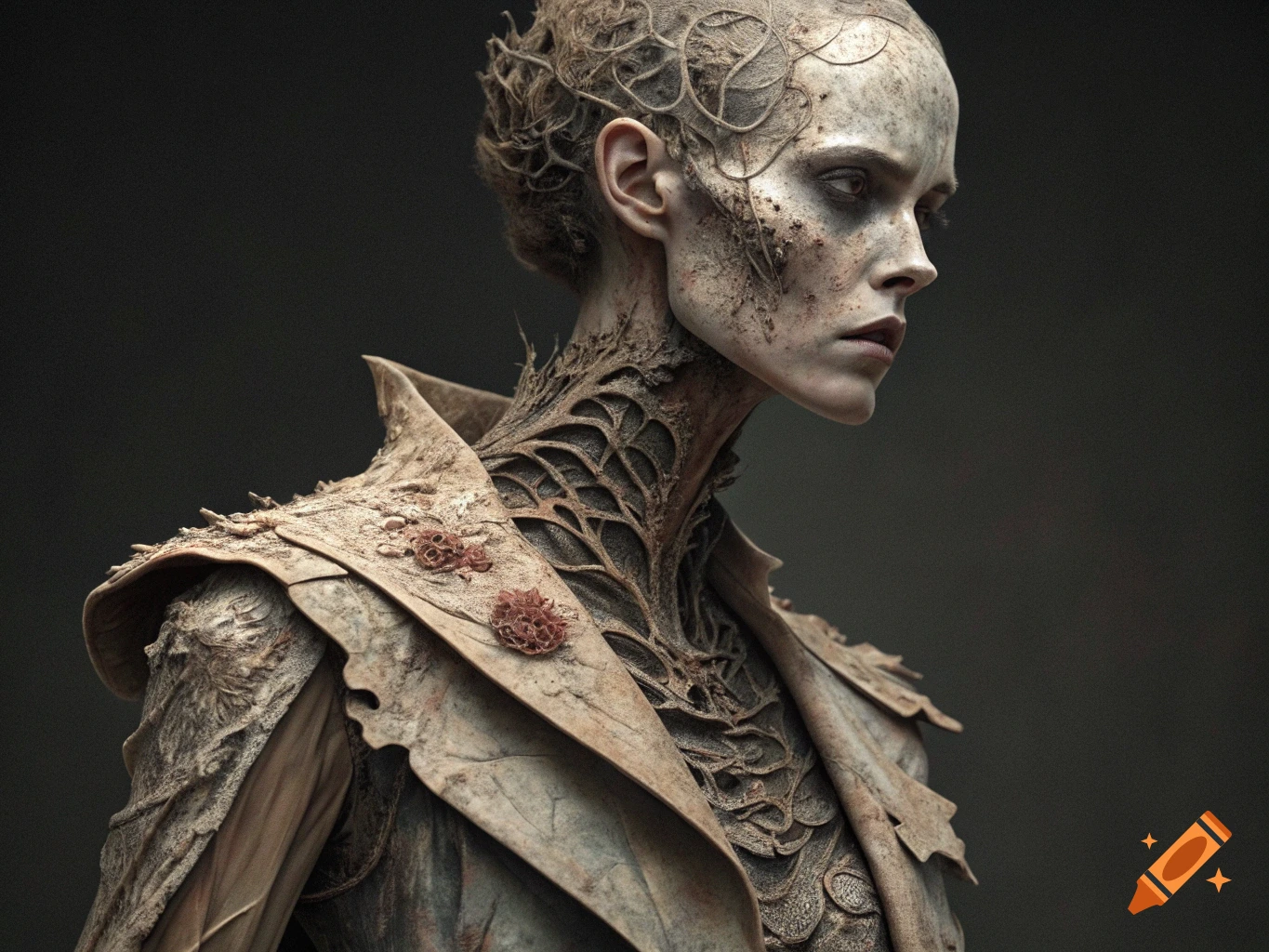 Textured portrait of person with exposed, web-like skin and layered, leaf-like garment.