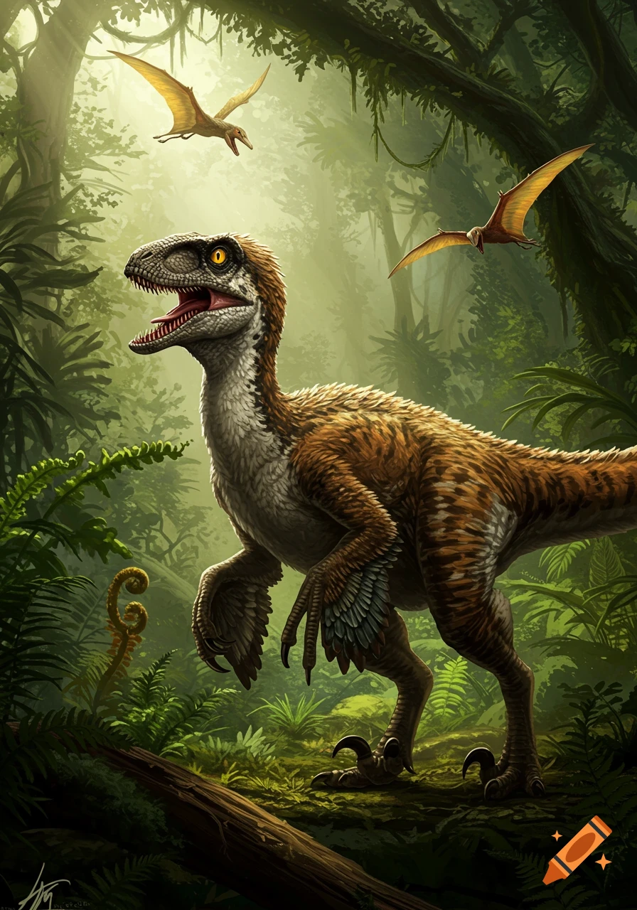 A Utahraptor dinosaur stands in a lush jungle as two pterodactyls fly overhead.