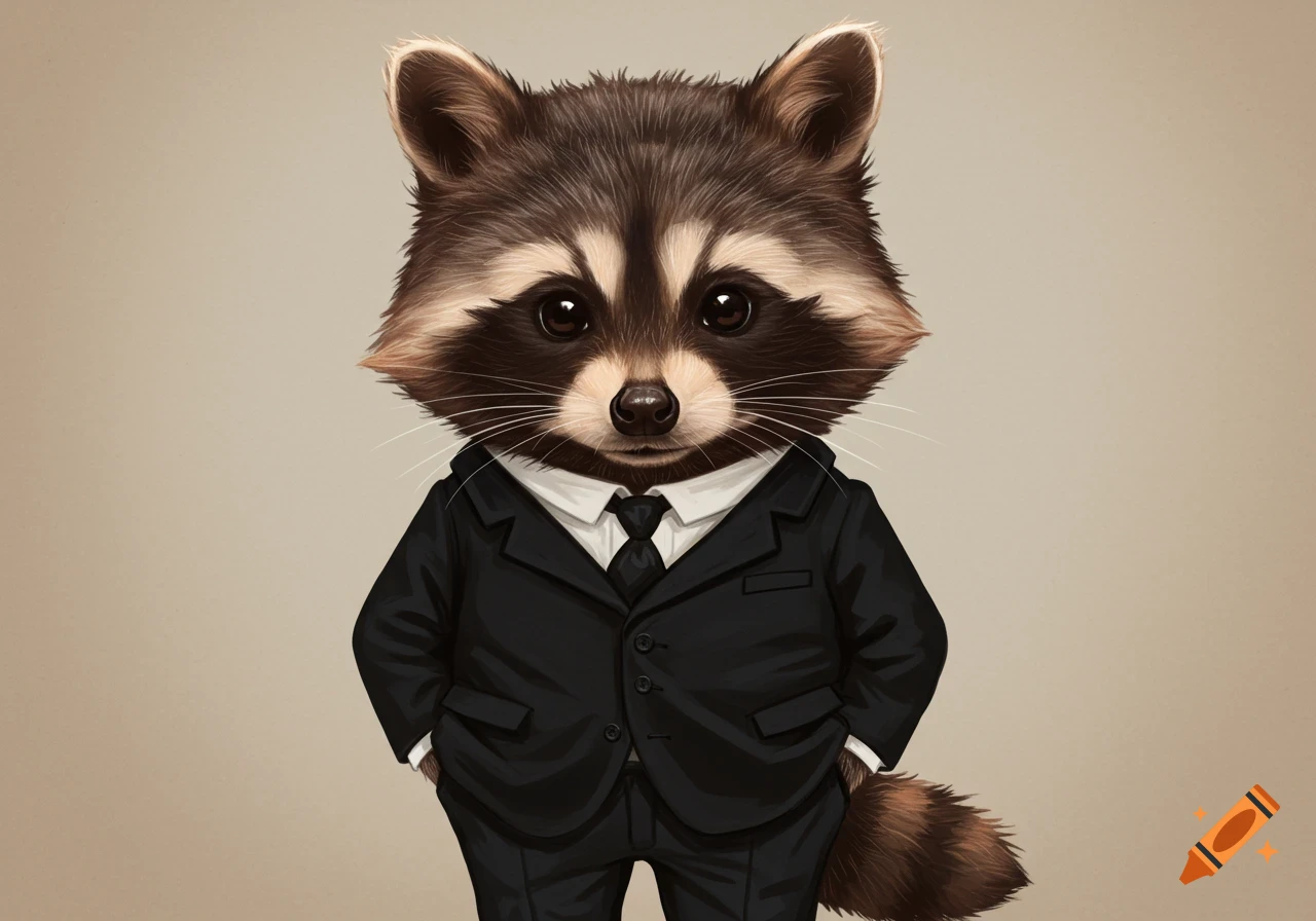 Illustration of a raccoon wearing a black suit and tie