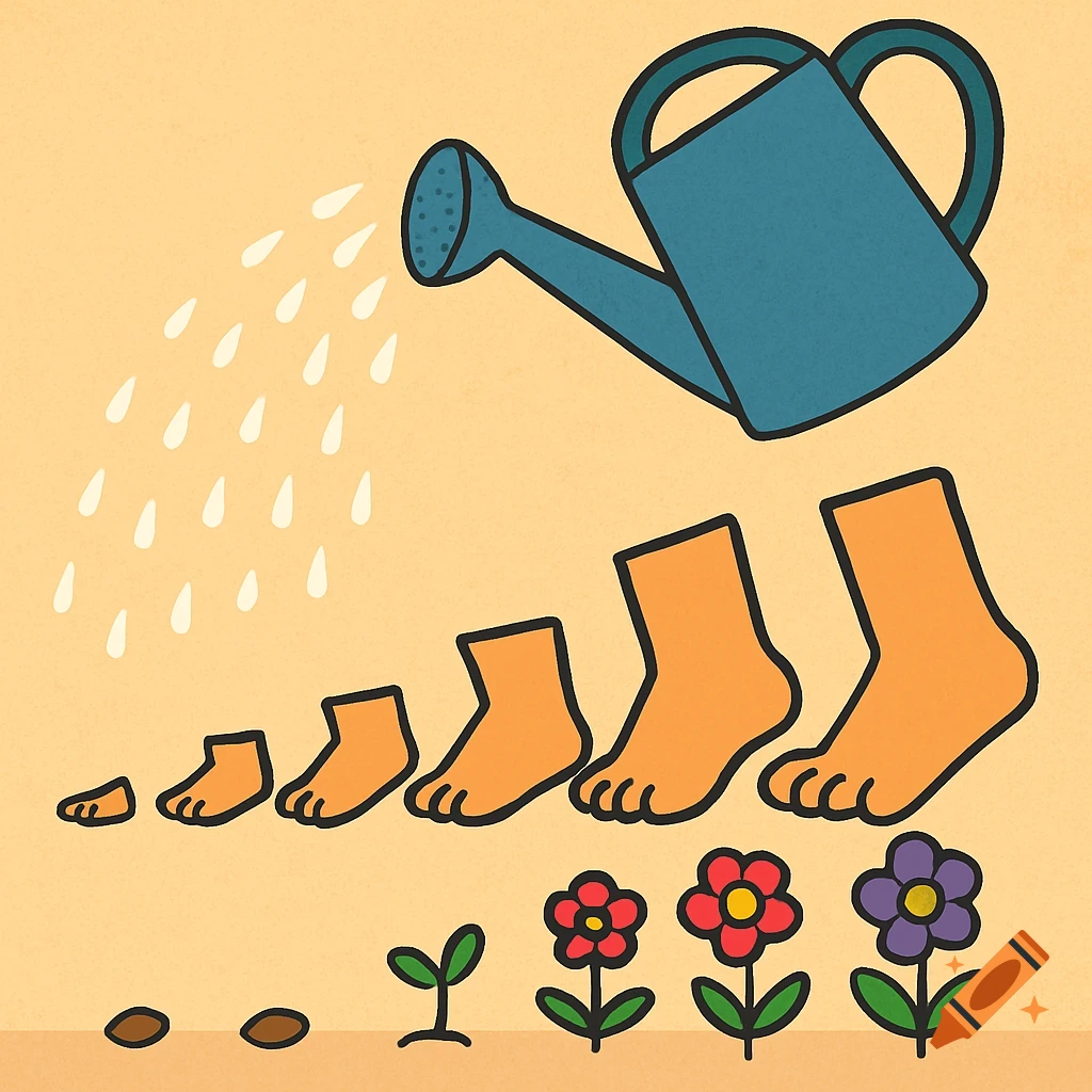 Cartoon illustration of a watering can watering a row of feet that grow larger alongside seeds growing into flowers.