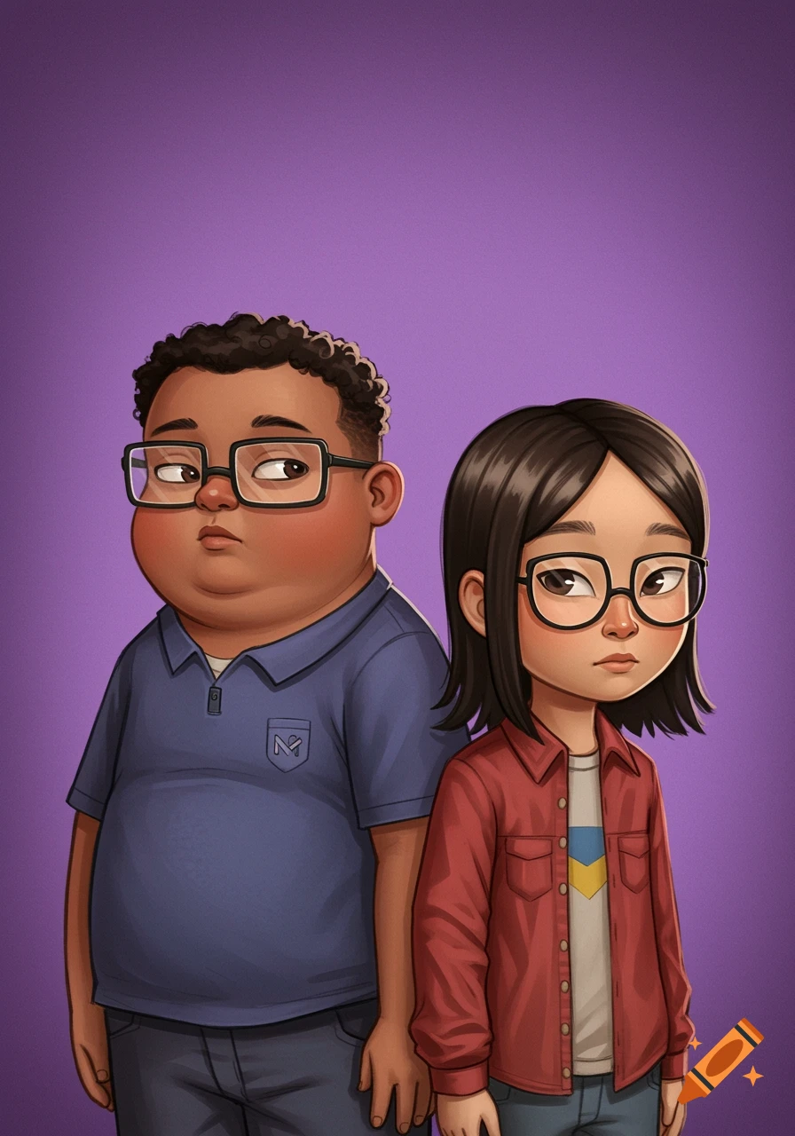 Illustration of two cartoon children, a boy and a girl wearing glasses.