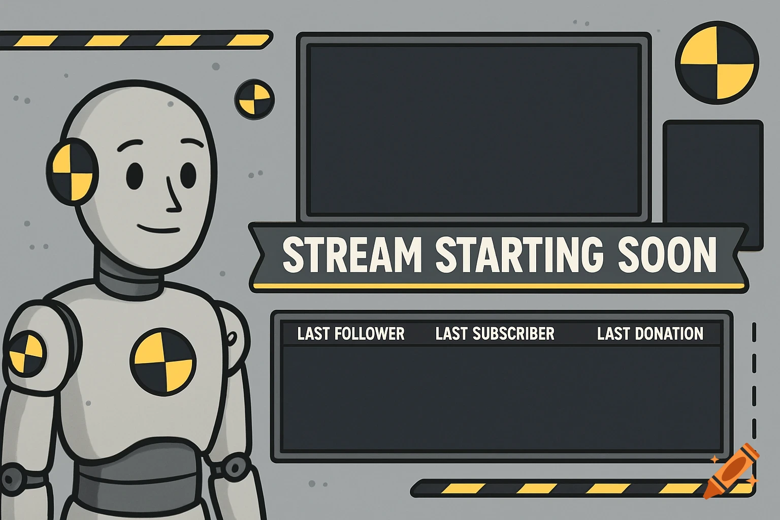 Cartoon gray crash test dummy next to stream overlay elements