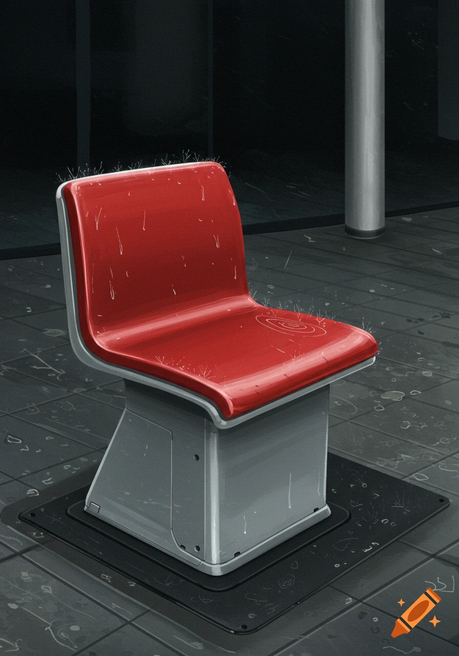 A red and grey bench wet with raindrops sits on a tiled floor.