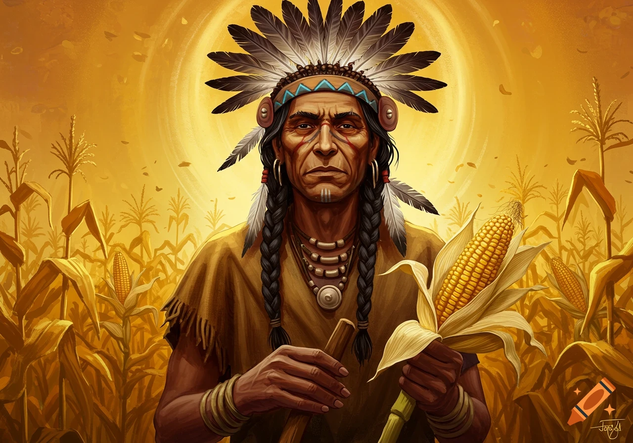 A man in a feather headdress is holding corn in a field.