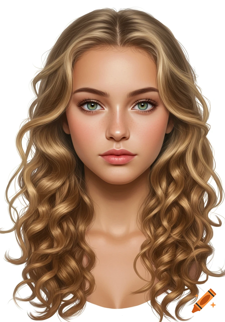 Realistic portrait of a young woman with blonde hair and green eyes on a white background.