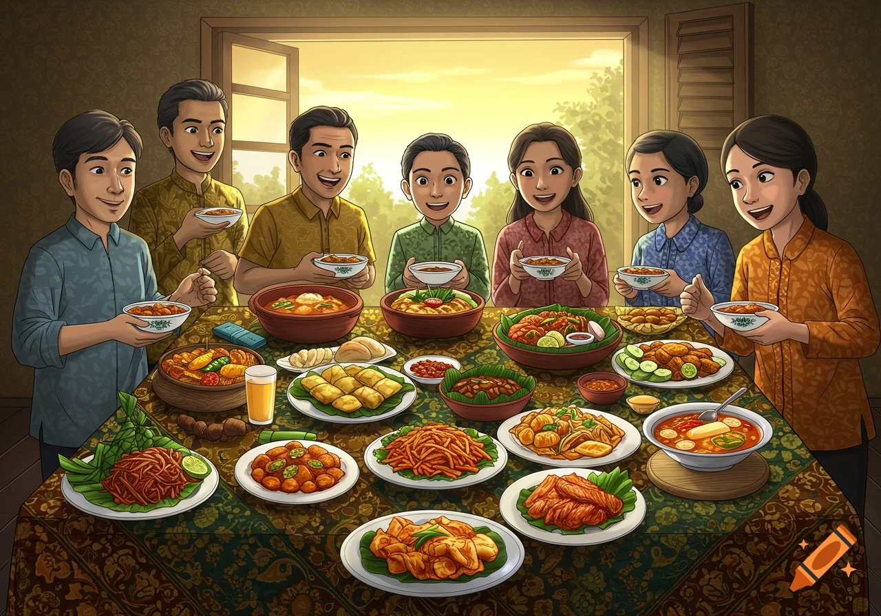 An illustration of a family or group of people smiling and eating a large meal together at a table.