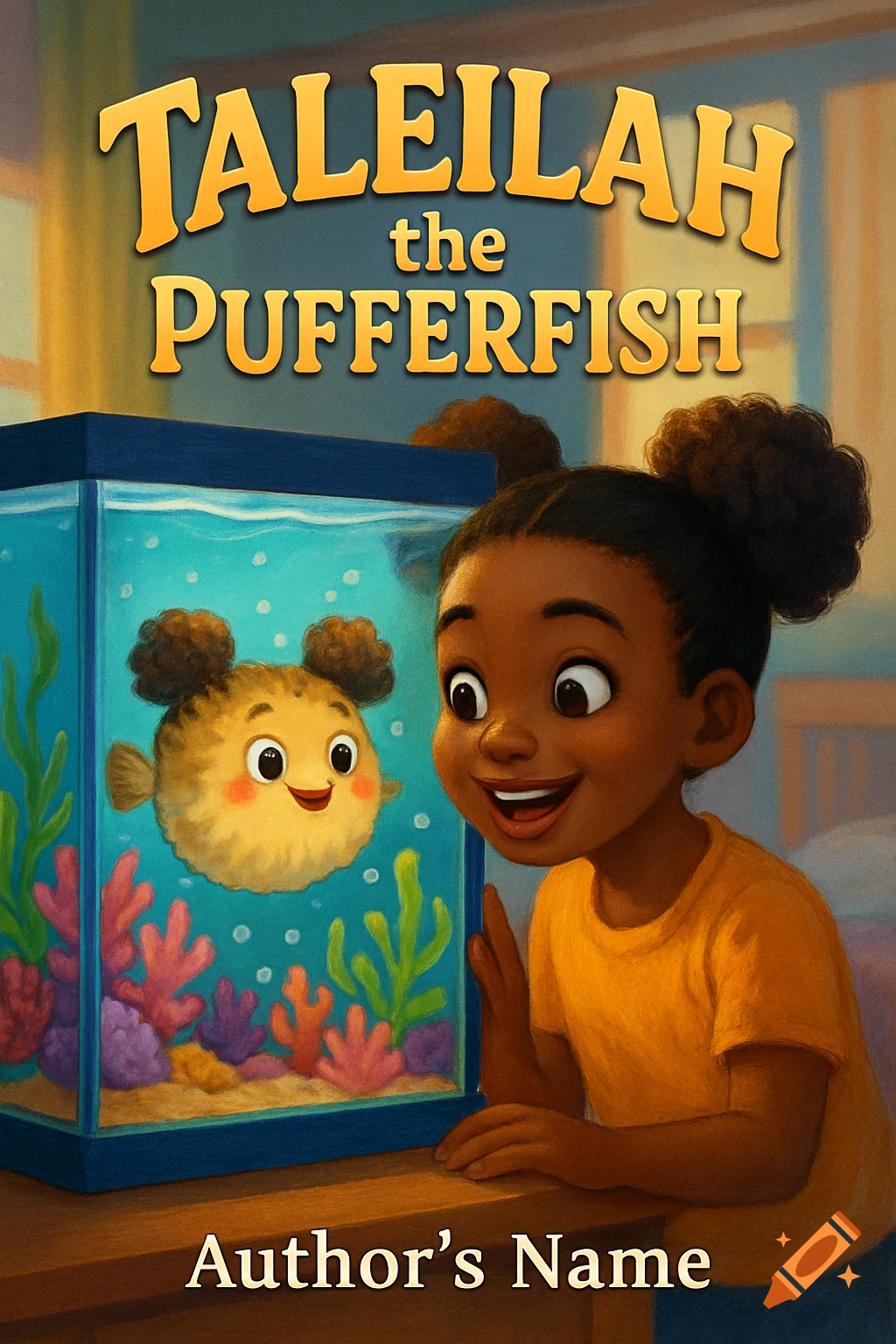 Illustration of a girl looking at a pufferfish in an aquarium, like a children's book cover.