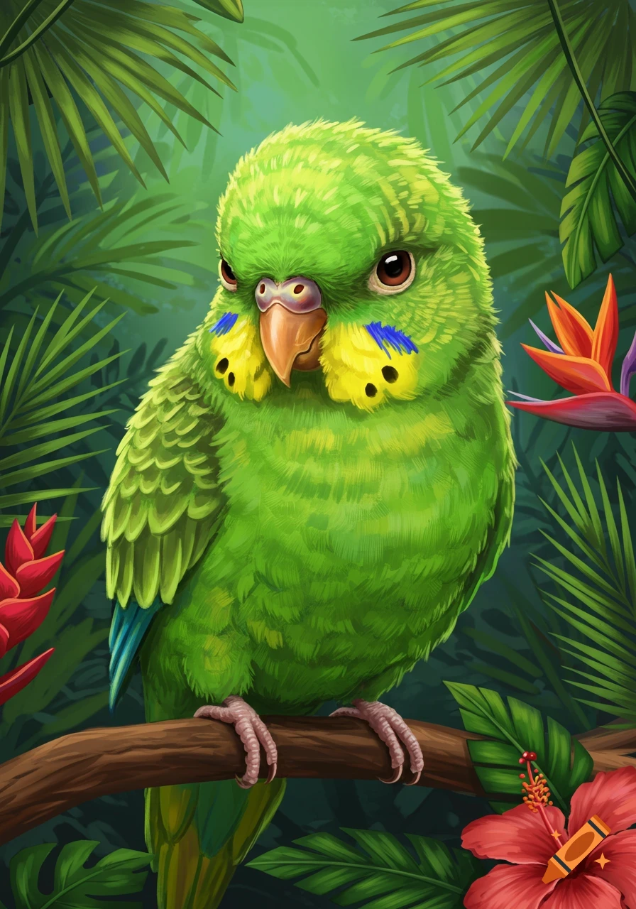 A grumpy green parakeet perched on a branch in a lush jungle with tropical flowers.