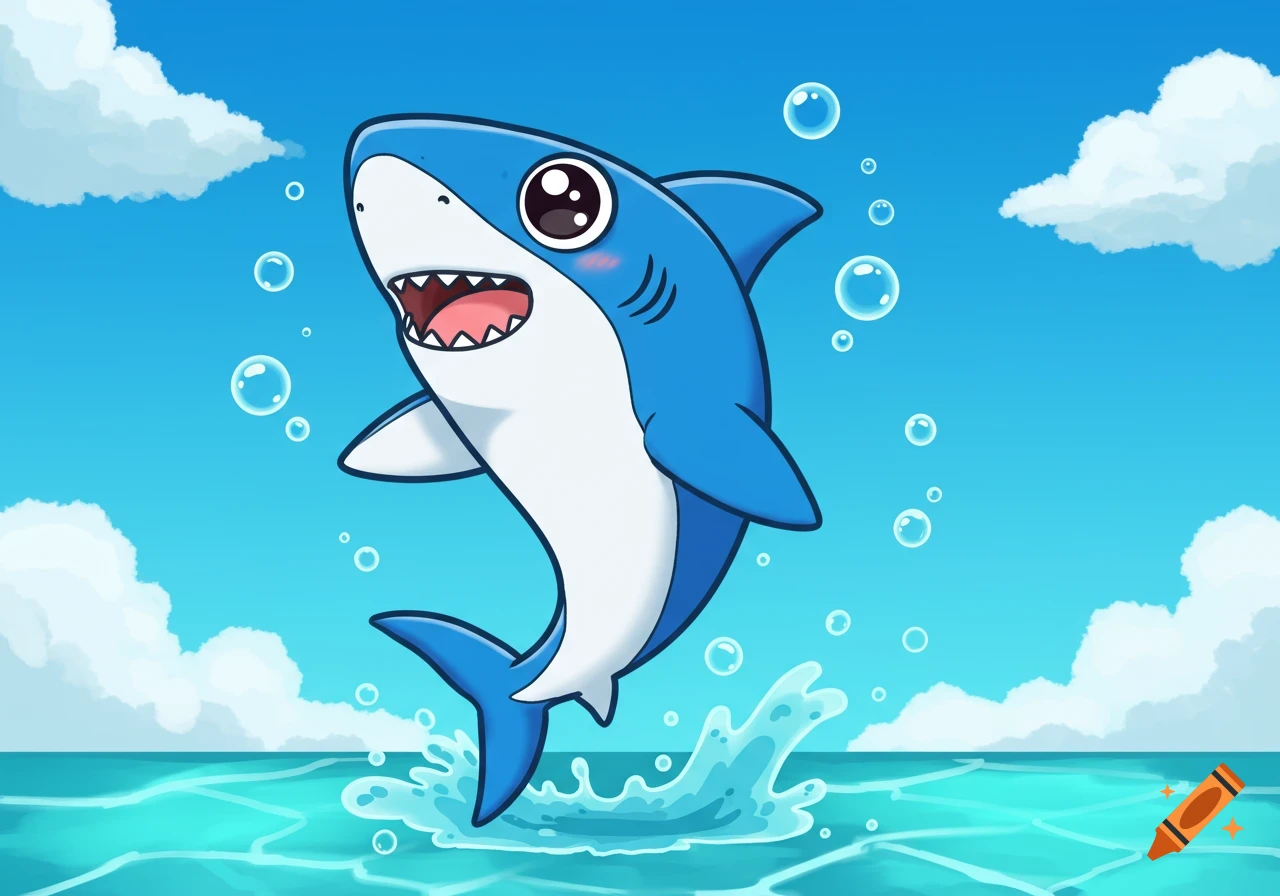 Cartoon drawing of a cute shark jumping out of blue water