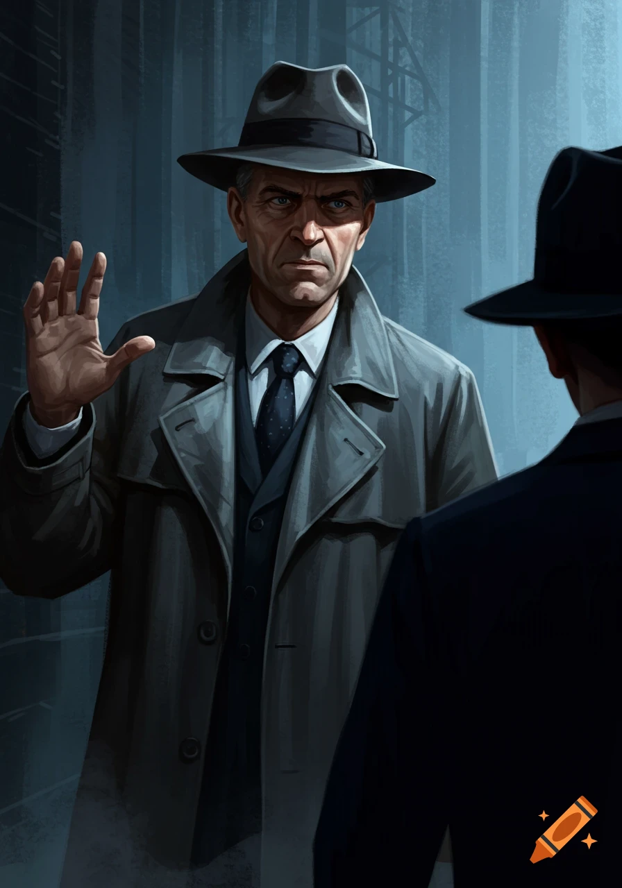 A man in a fedora and trench coat holding up his hand to another man.
