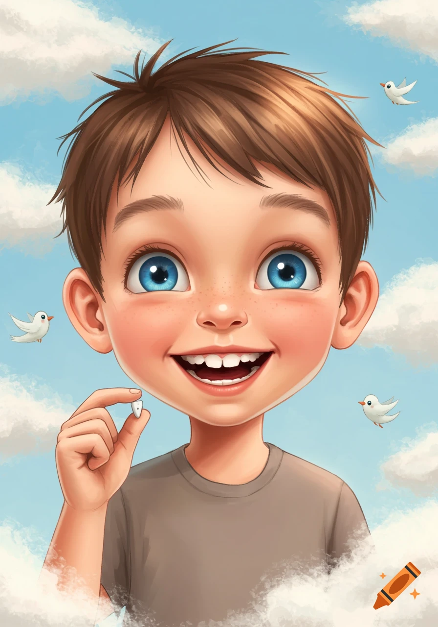 A happy boy is holding a tooth against a sky filled with clouds and birds.