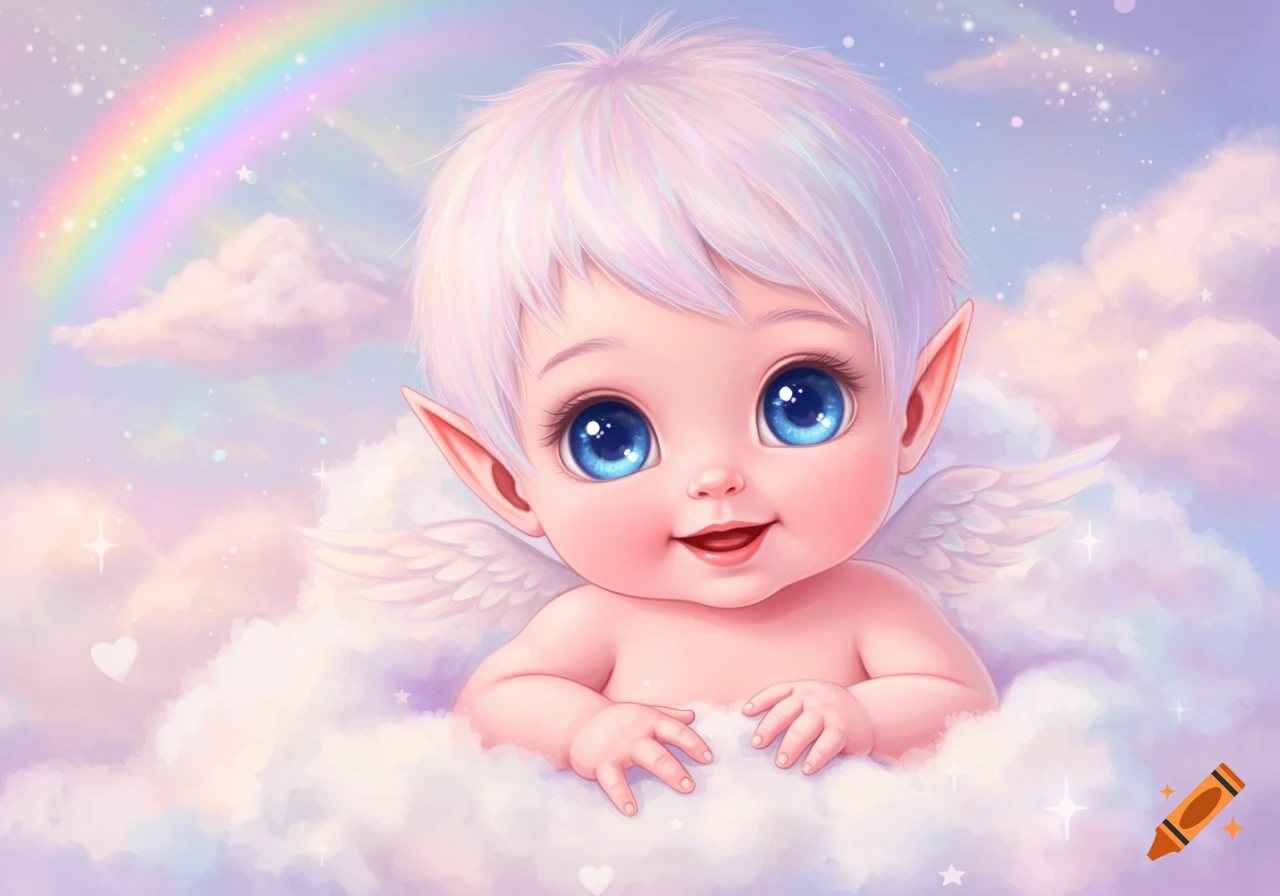 A stylized image of a cute fantasy baby angel on a cloud with a rainbow.