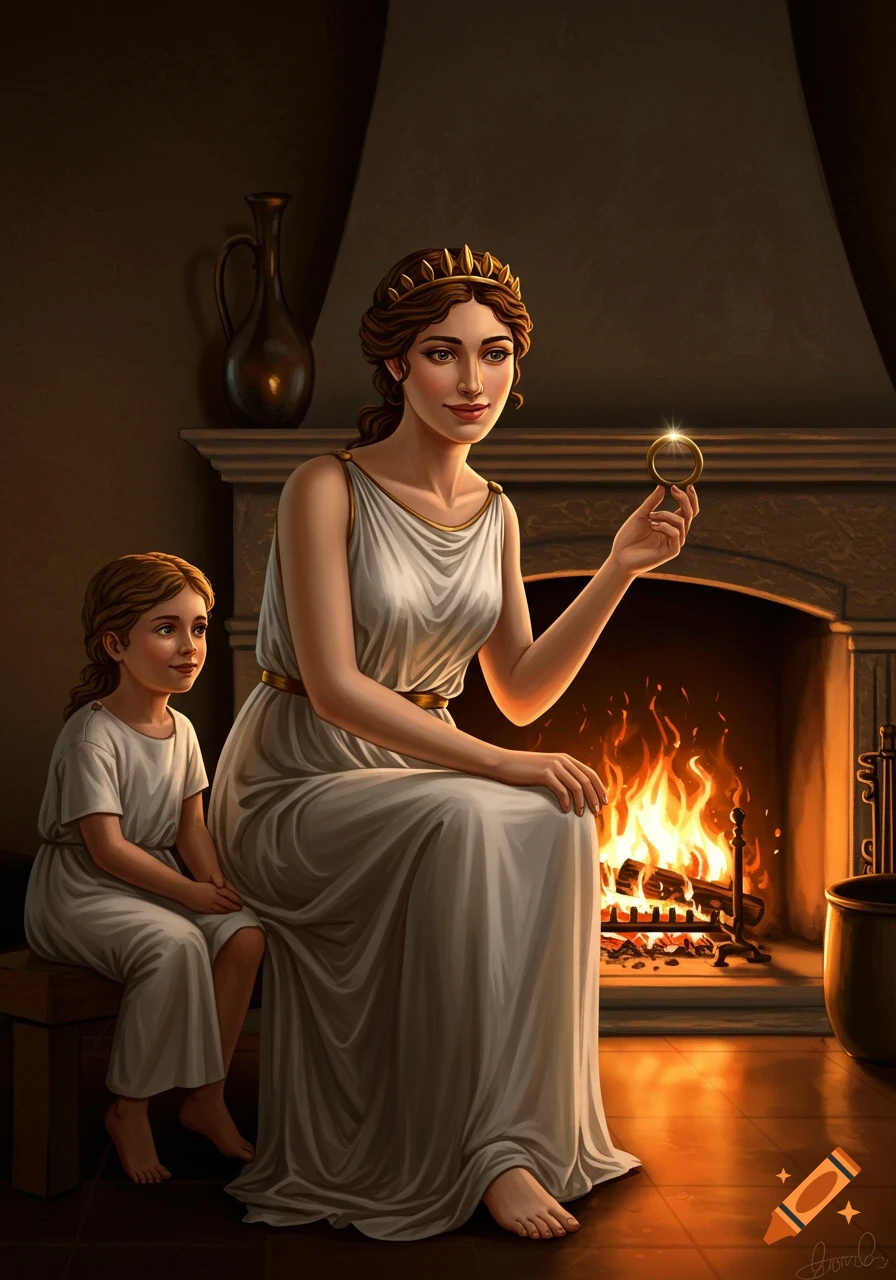 A woman and child in ancient Greek attire sit by a fireplace, the woman holding a ring.