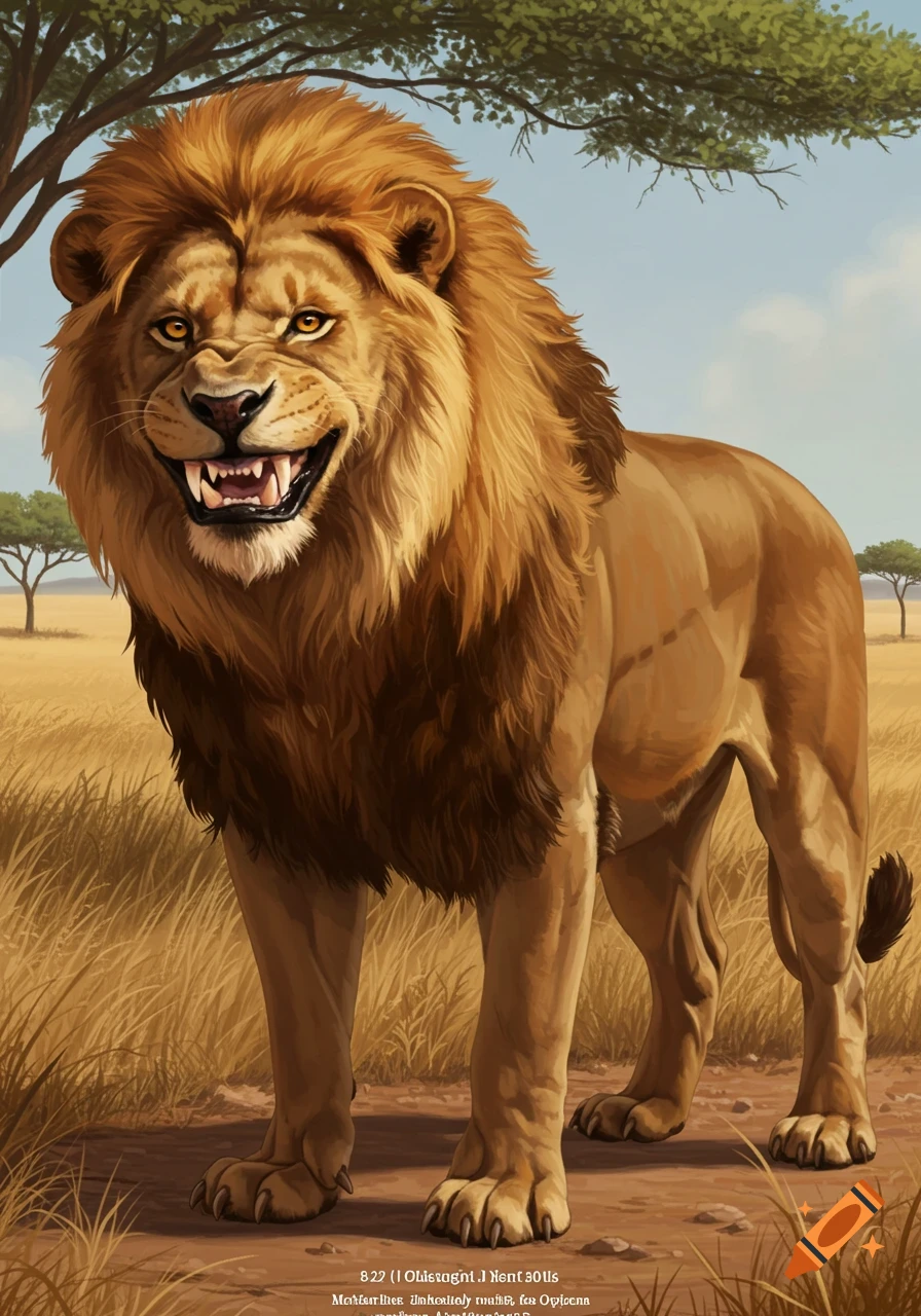A roaring lion standing in a savanna.