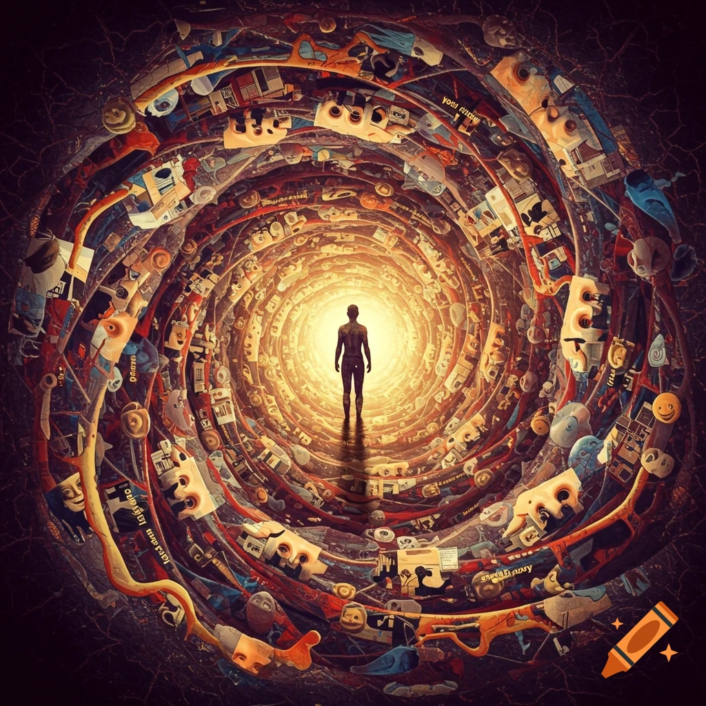 Silhouette figure stands in a bright light at the end of a dark, swirling tunnel filled with abstract forms and faces.