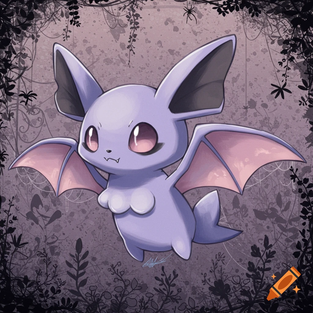 A purple bat-like creature with large ears and pink wings floats in a dark, gothic setting with vines and spiders. Digital art.