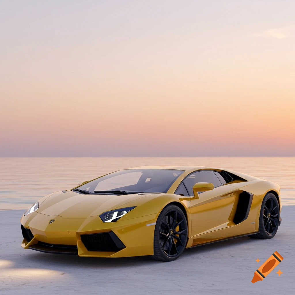 A yellow Lamborghini sports car parked on a beach at sunset.