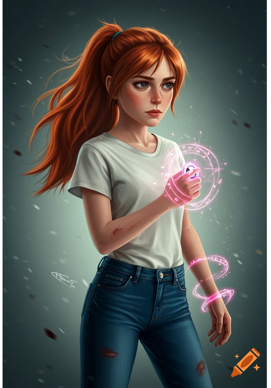 Illustration of a girl with red hair in a ponytail holding a glowing magical object.