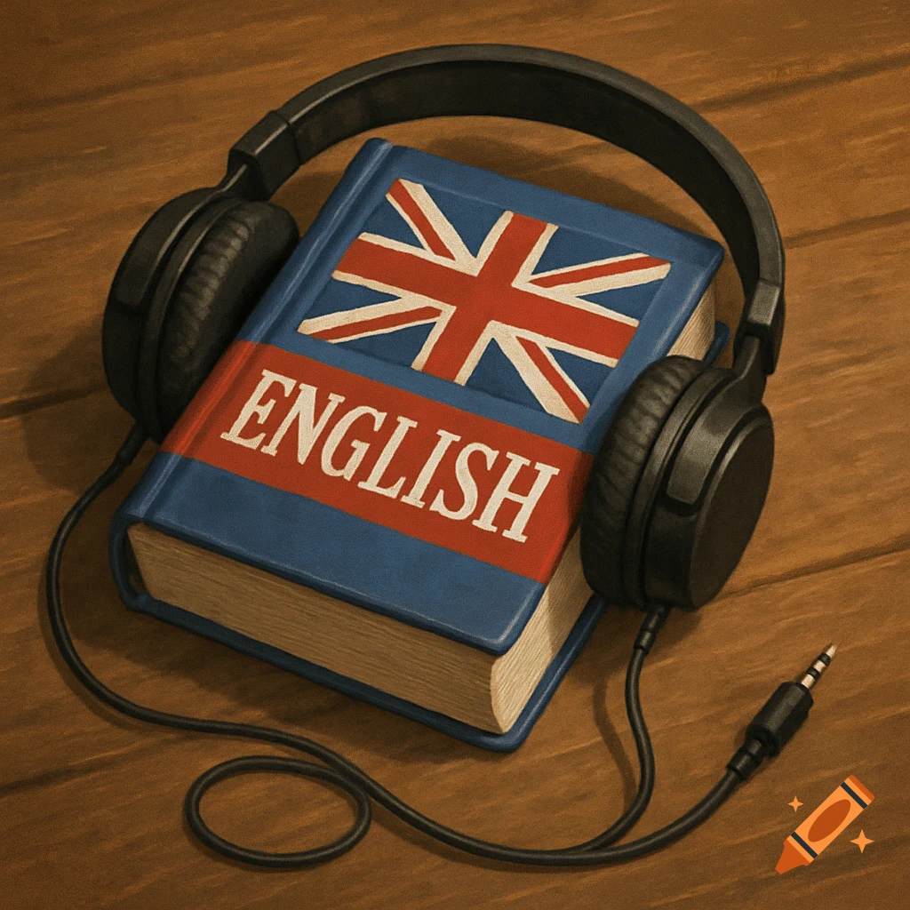 English book with Union Jack cover and headphones on a wooden surface.