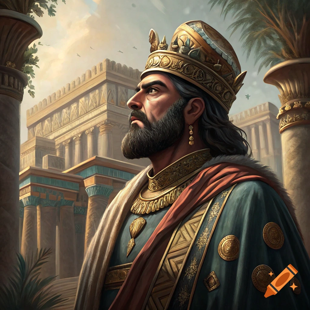 A bearded king in elaborate gold crown and robes stands before an ancient palace. Painted style.