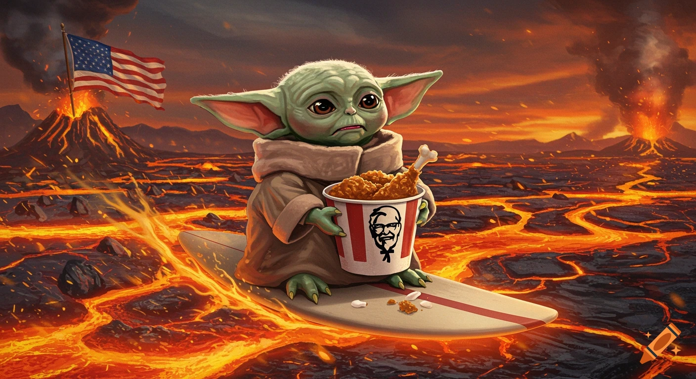 Baby Yoda surfing on lava with a KFC bucket, volcanoes, and an American flag.