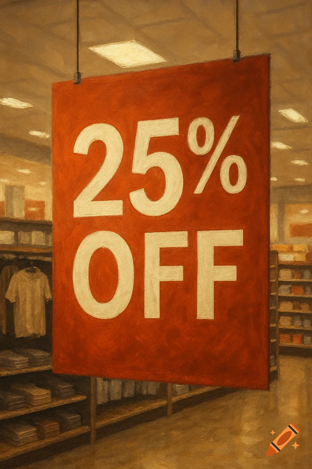 A large red sign with '25% OFF' hangs in a store aisle with shelves of clothes and items.