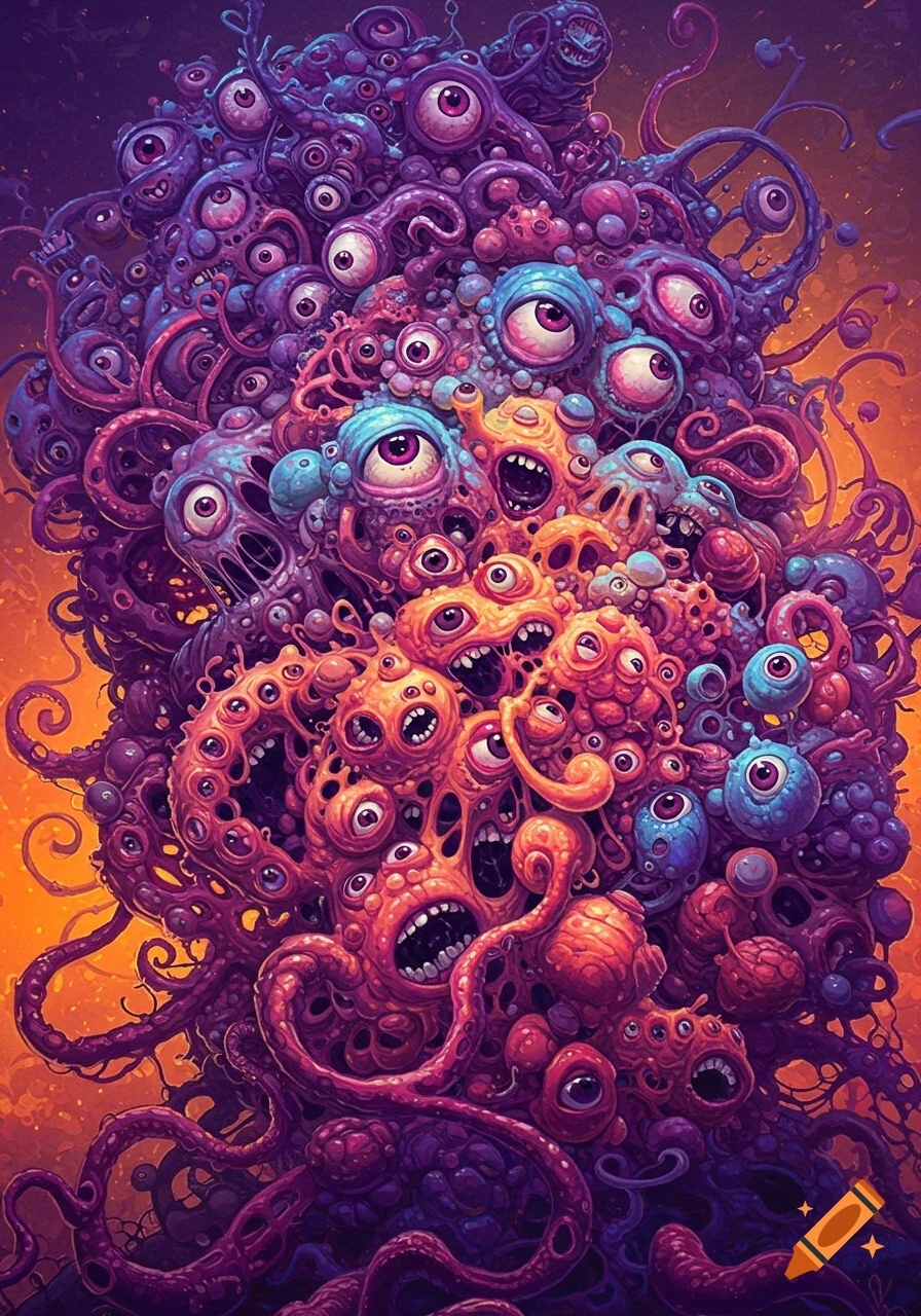 A detailed illustration of a monstrous mass of purple and orange eyes, mouths, and tentacles.