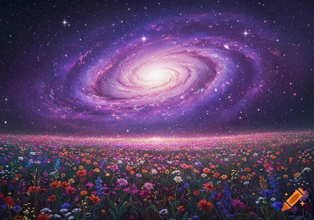 A colorful wildflower meadow under a vibrant purple galaxy swirl and starry sky.