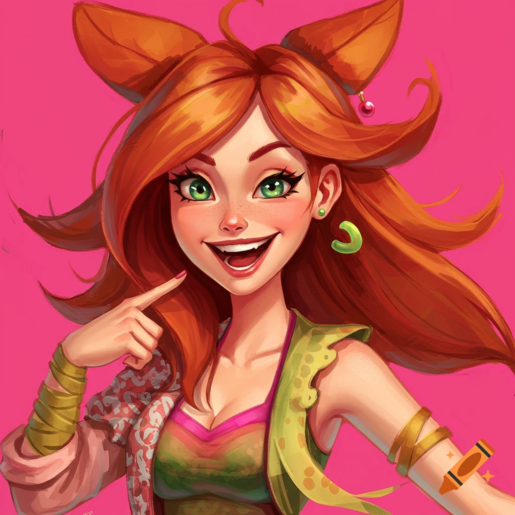 A smiling girl with red hair and green eyes is pointing.
