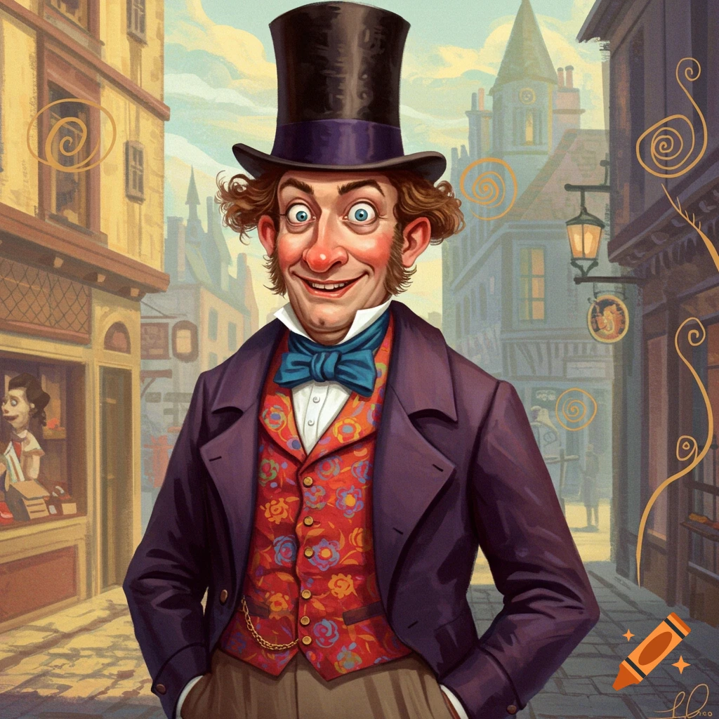 A cartoon illustration of a man in a top hat and waistcoat, smiling exaggeratedly on an old city street.