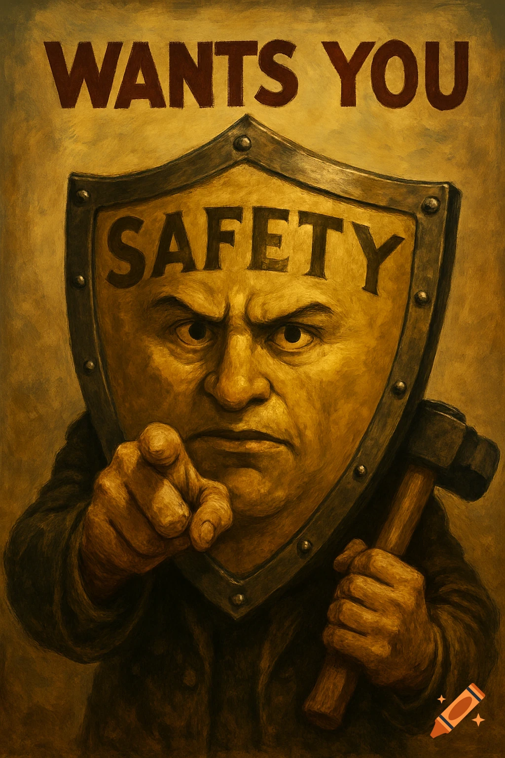 A vintage style poster of a figure pointing, saying "WANTS YOU" and "SAFETY" on a shield.