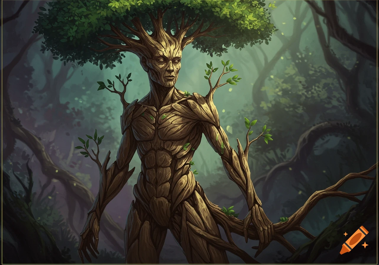 Fantasy illustration of a tree creature standing in a forest