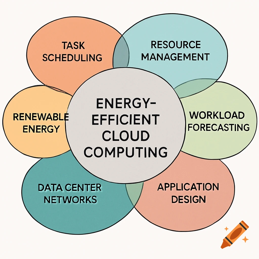 Diagram showing Energy-Efficient Cloud Computing at the center, surrounded by related research areas in interconnected circles.