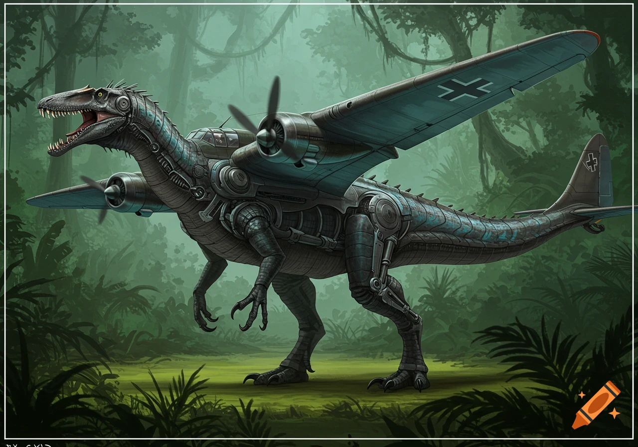A mechanical dinosaur with plane wings and engines stands in a jungle.