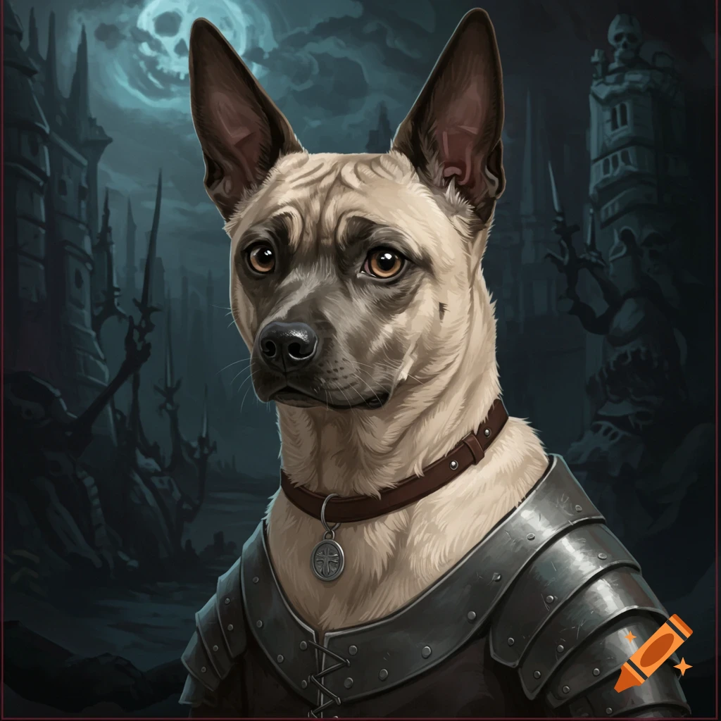 A dog in medieval armor in a dark fantasy world.