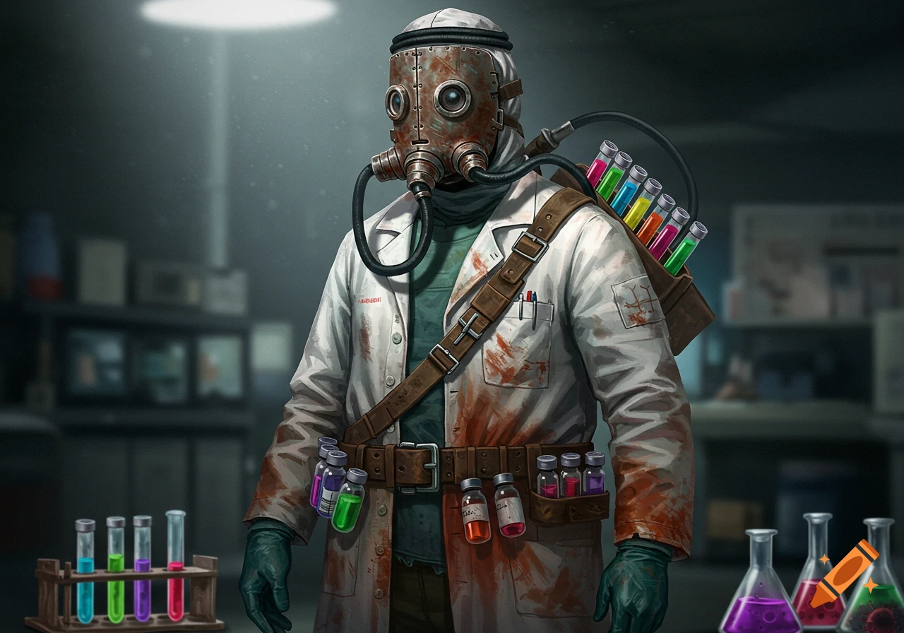 A scientist wearing a gas mask and blood-stained lab coat, holding colorful vials.