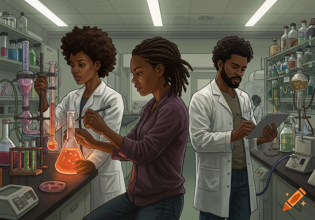 Two Black women and a Black man experimenting in a science lab