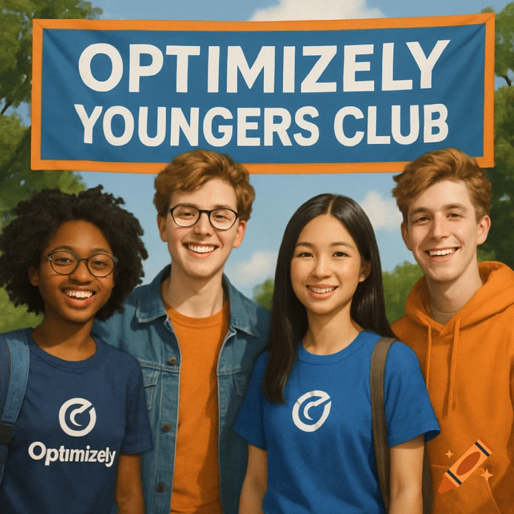 Four young people smiling under a banner reading "OPTIMIZELY YOUNGERS CLUB".