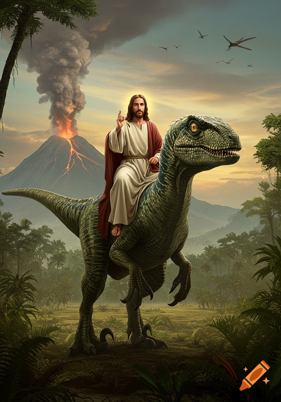 Jesus riding a velociraptor in a prehistoric landscape with an erupting volcano.