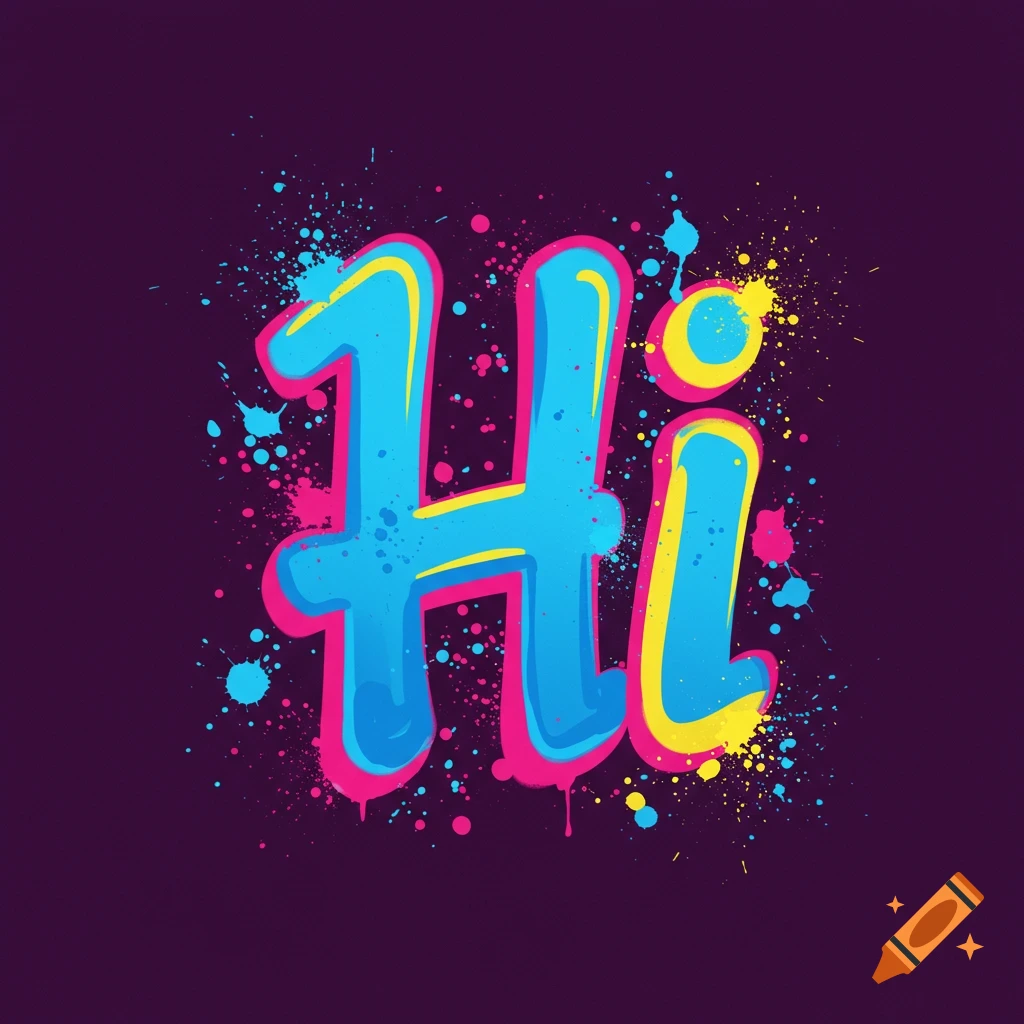 The word 'Hi' in blue, pink, and yellow graffiti font with paint splatters on a dark background.
