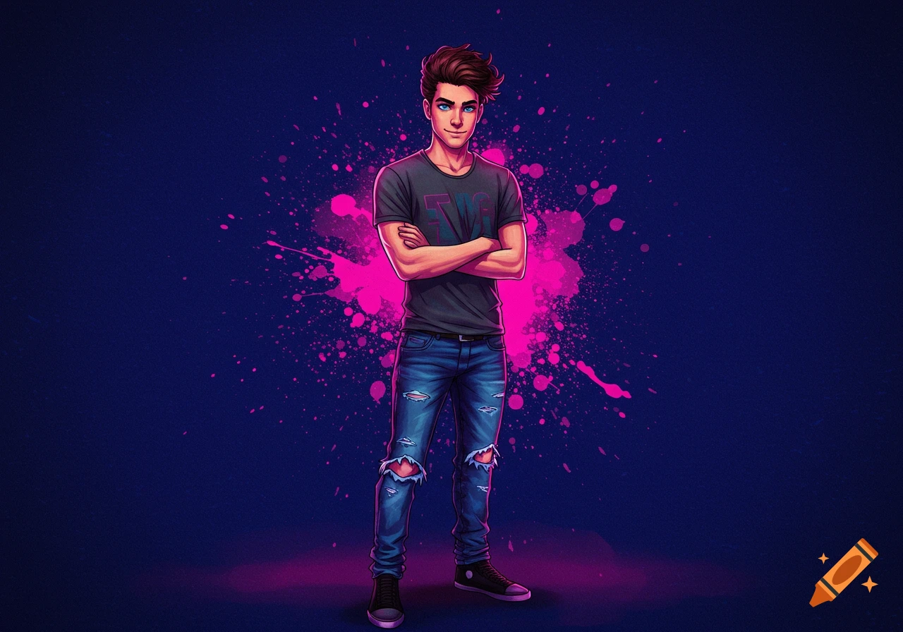 Stylized anime illustration of a young man with brown hair and blue eyes wearing ripped jeans and a t-shirt, standing with arms crossed against a pink splatter background.